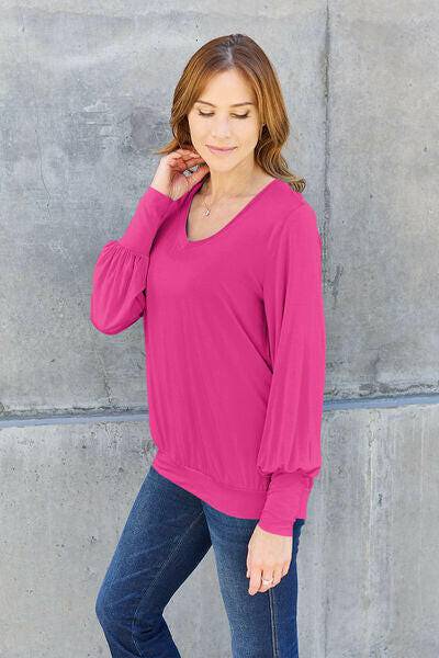 Basic Bae Full Size V-Neck Lantern Sleeve Blouse - Carri's Cache