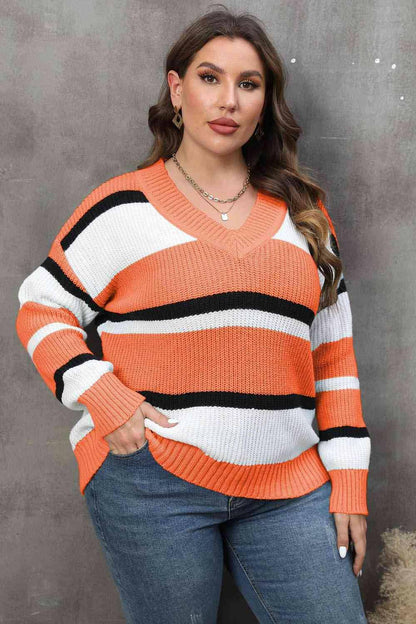 Plus Size Striped V-Neck Dropped Shoulder Sweater - Carri's Cache