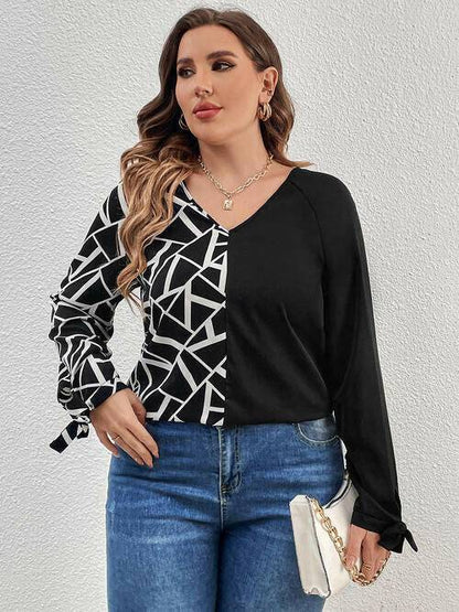 Plus Size Geometric V-Neck Long Sleeve T-Shirt - Carri's Cache