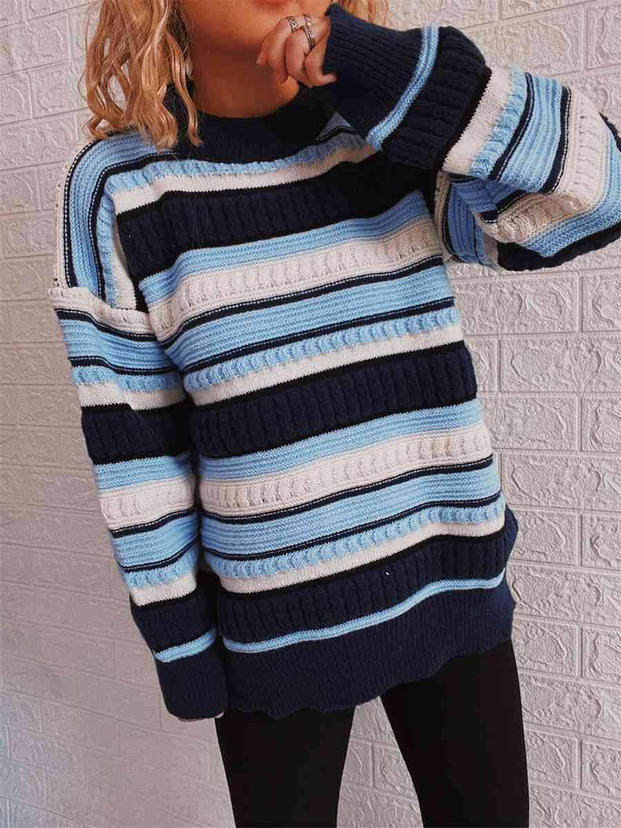 Striped Drop Shoulder Round Neck Sweater - Carri's Cache