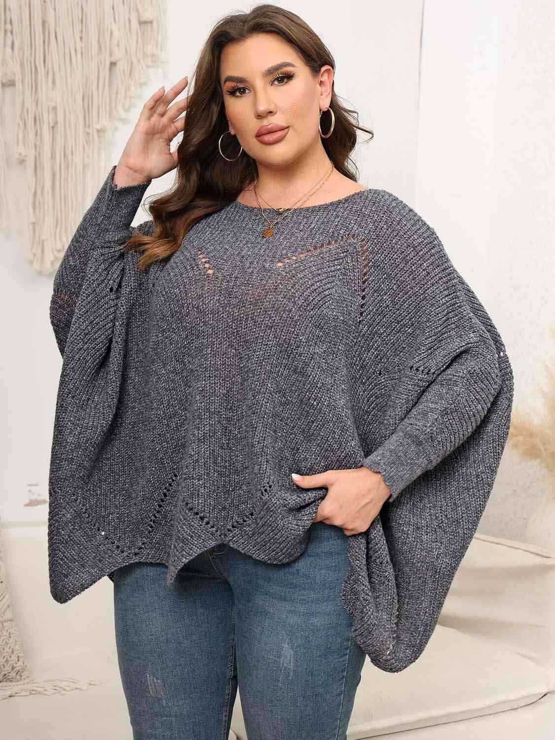 Plus Size Round Neck Batwing Sleeve Sweater - Carri's Cache