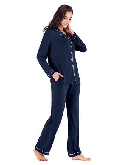 Collared Neck Long Sleeve Loungewear Set with Pockets - Carri's Cache