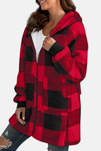 Double Take Full Size Plaid Long Sleeve Hooded Coat - Carri's Cache