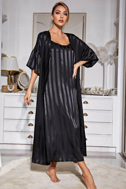 Striped Flounce Sleeve Open Front Robe and Cami Dress Set - Carri's Cache