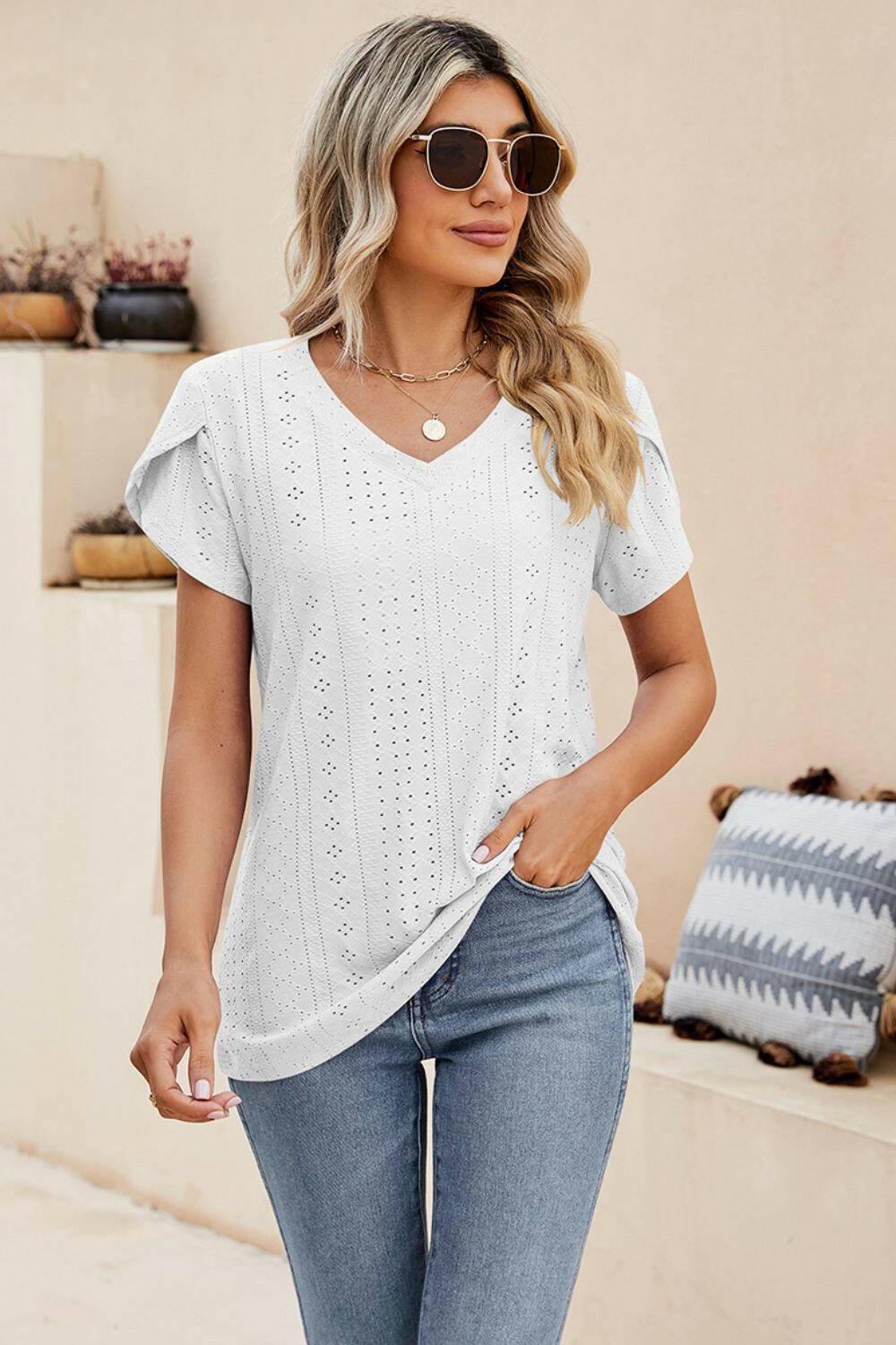 Eyelet Petal Sleeve V-Neck Knit Top.