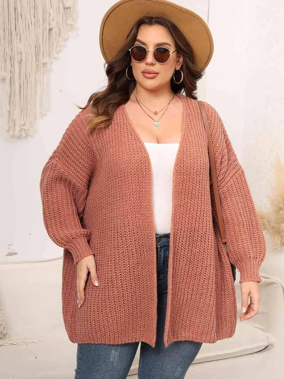 Plus Size Open Front Dropped Shoulder Knit Cardigan - Carri's Cache