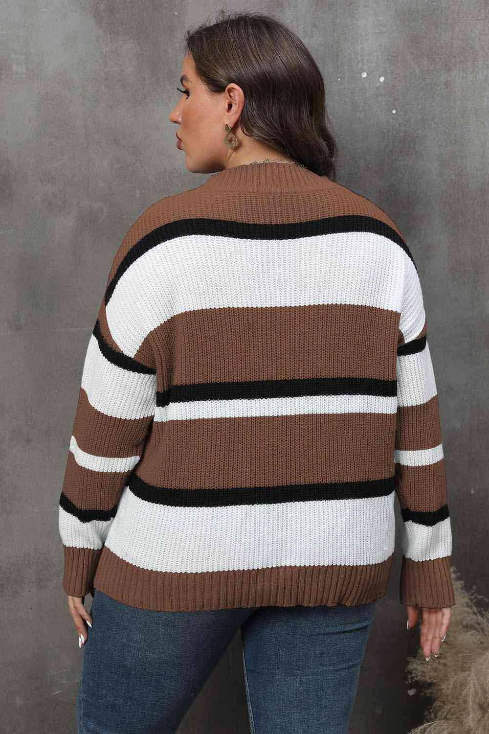 Plus Size Striped V-Neck Dropped Shoulder Sweater - Carri's Cache