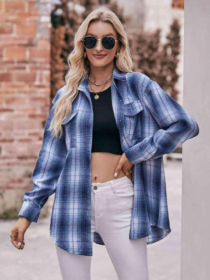 Plaid Dropped Shoulder Longline Shirt - Carri's Cache