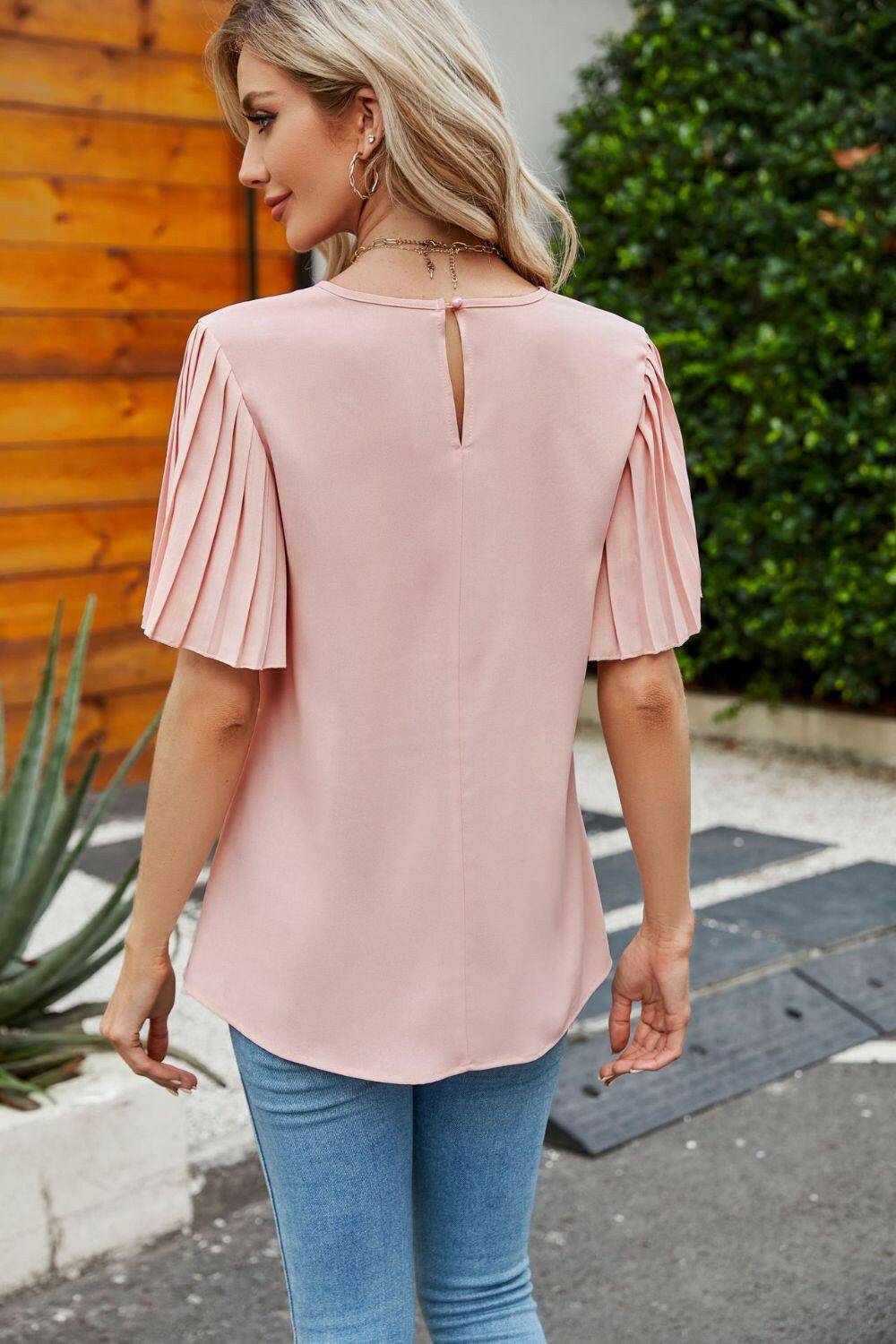 Pleated Flutter Sleeve Round Neck Blouse - Carri's Cache