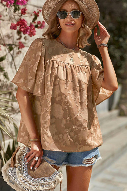 Round Neck Puff Sleeve Blouse - Carri's Cache