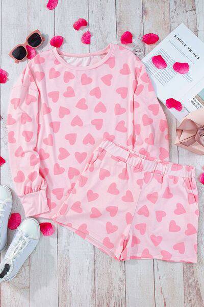 Heart Print Round Neck Top and Shorts Lounge Set - Carri's Cache