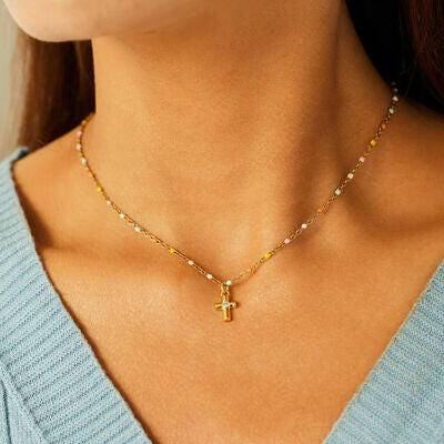 Inlaid Zircon 18K Gold-Plated Cross Bead Necklace - Carri's Cache