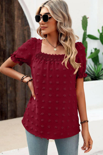 Swiss Dot Puff Sleeve Square Neck Blouse.