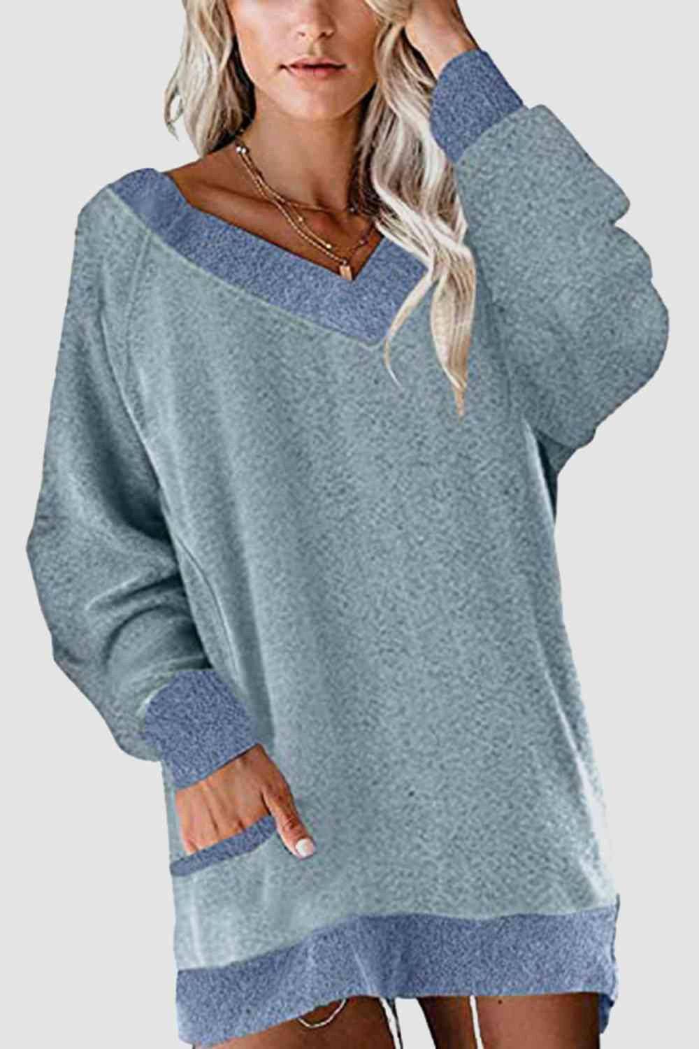 V-Neck Long Sleeve Sweatshirt with Pockets - Carri's Cache