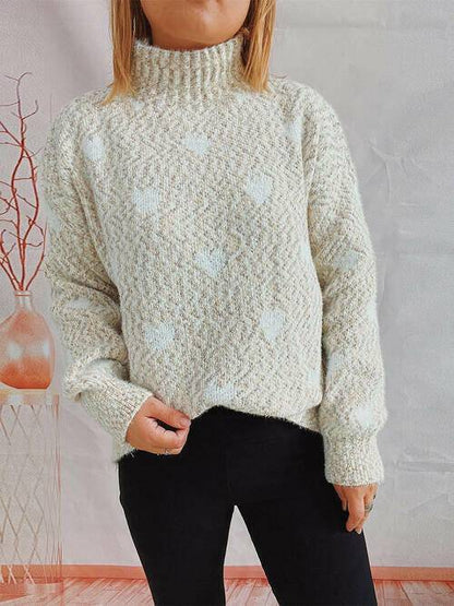 Heart Heathered Turtleneck Drop Shoulder Sweater - Carri's Cache