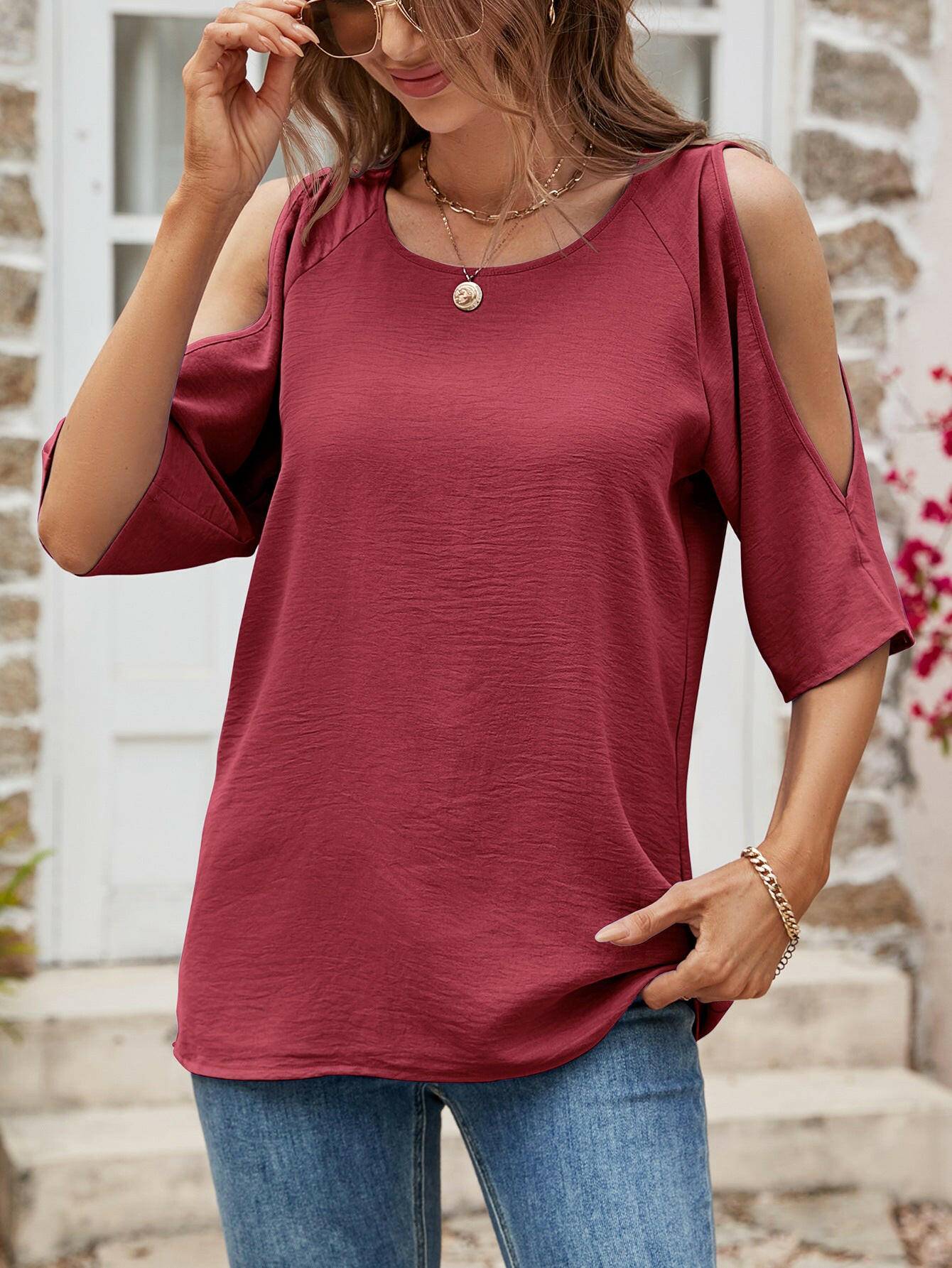 Textured Round Neck Split Sleeve Top.