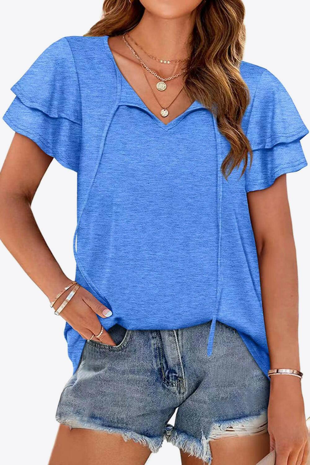 Tie-Neck Layered Flutter Sleeve Blouse.