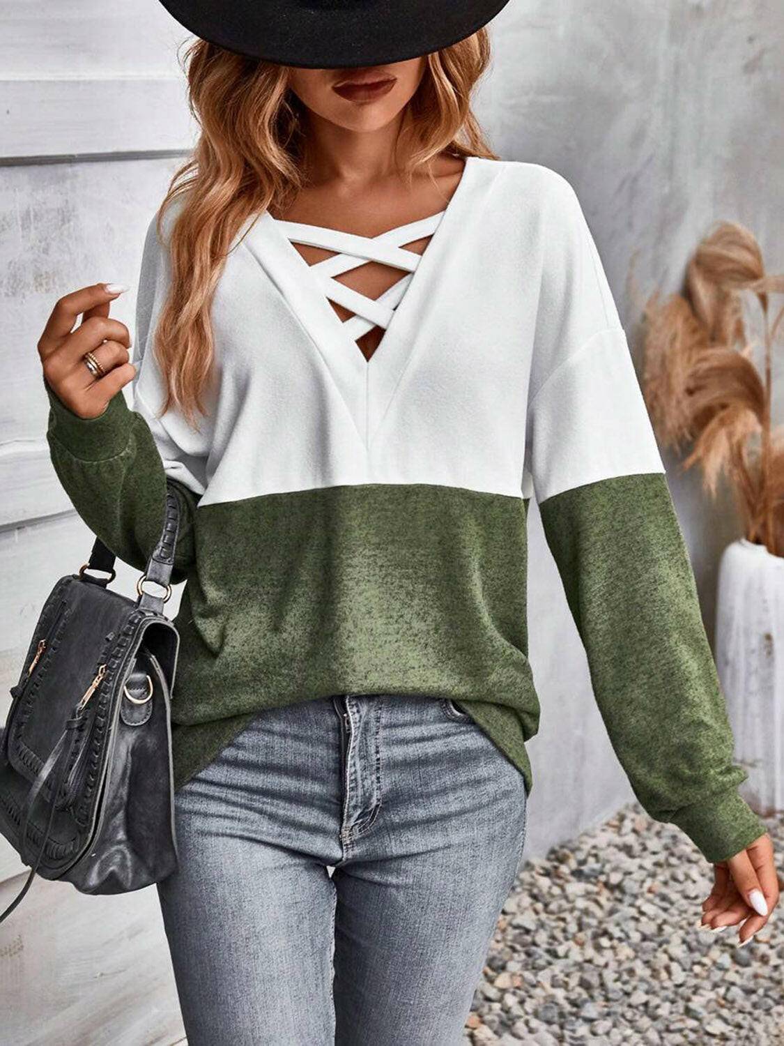 Two-Tone Crisscross Detail Sweatshirt - Carri's Cache