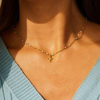 Inlaid Zircon 18K Gold-Plated Cross Bead Necklace - Carri's Cache