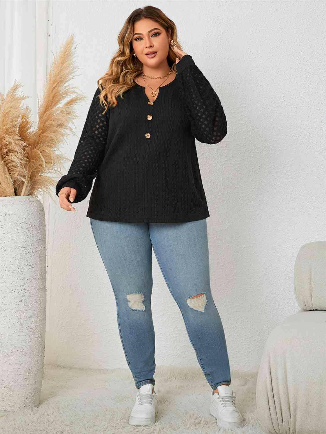 Plus Size Openwork Notched Button Front Blouse - Carri's Cache