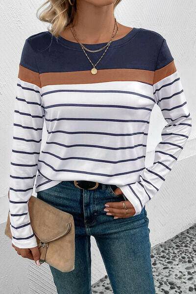 Striped Round Neck Long Sleeve T-Shirt - Carri's Cache