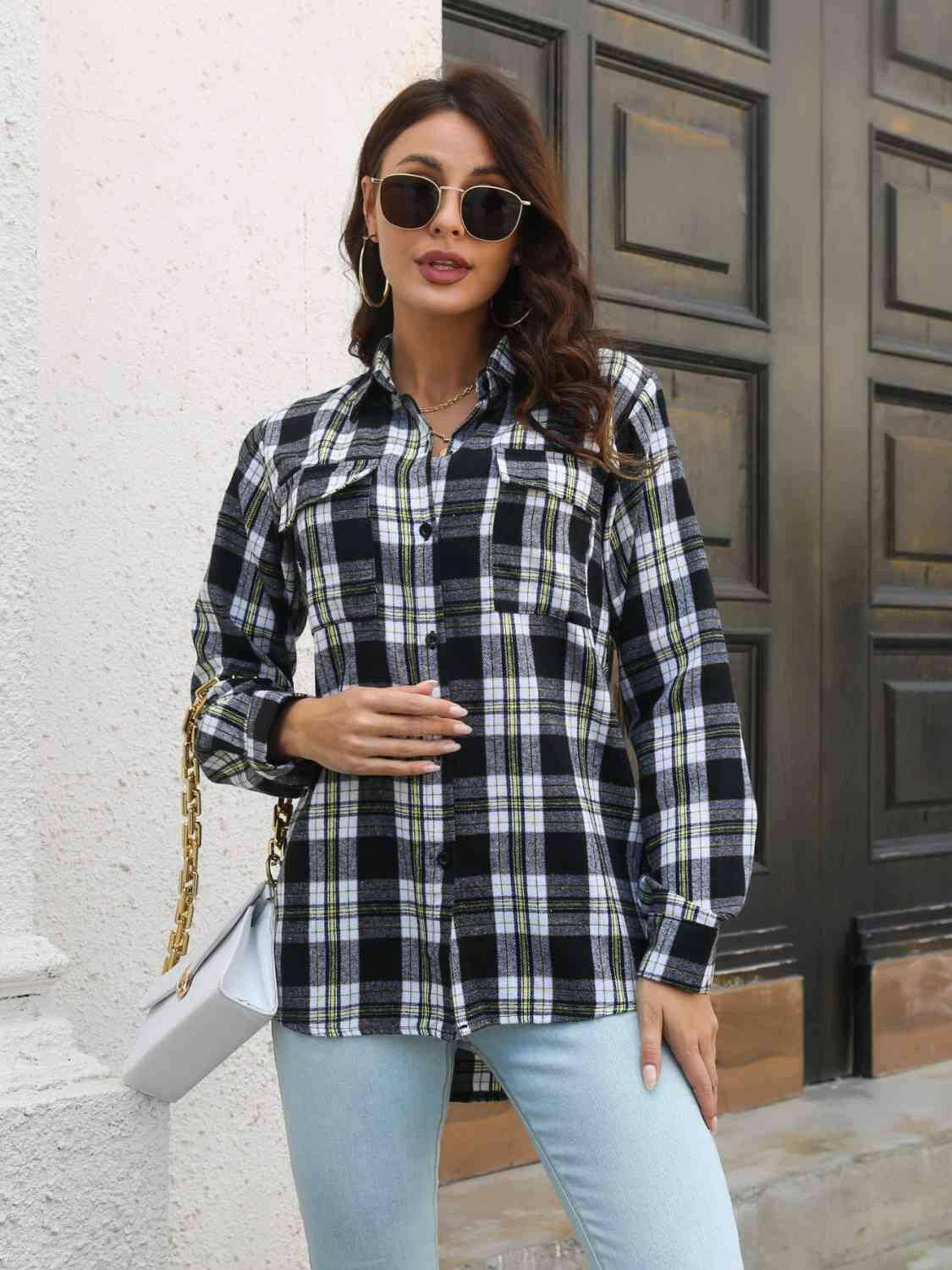 Plaid Collared Neck Buttoned Shirt with Pockets - Carri's Cache