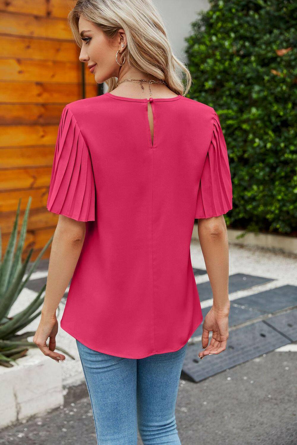 Pleated Flutter Sleeve Round Neck Blouse - Carri's Cache