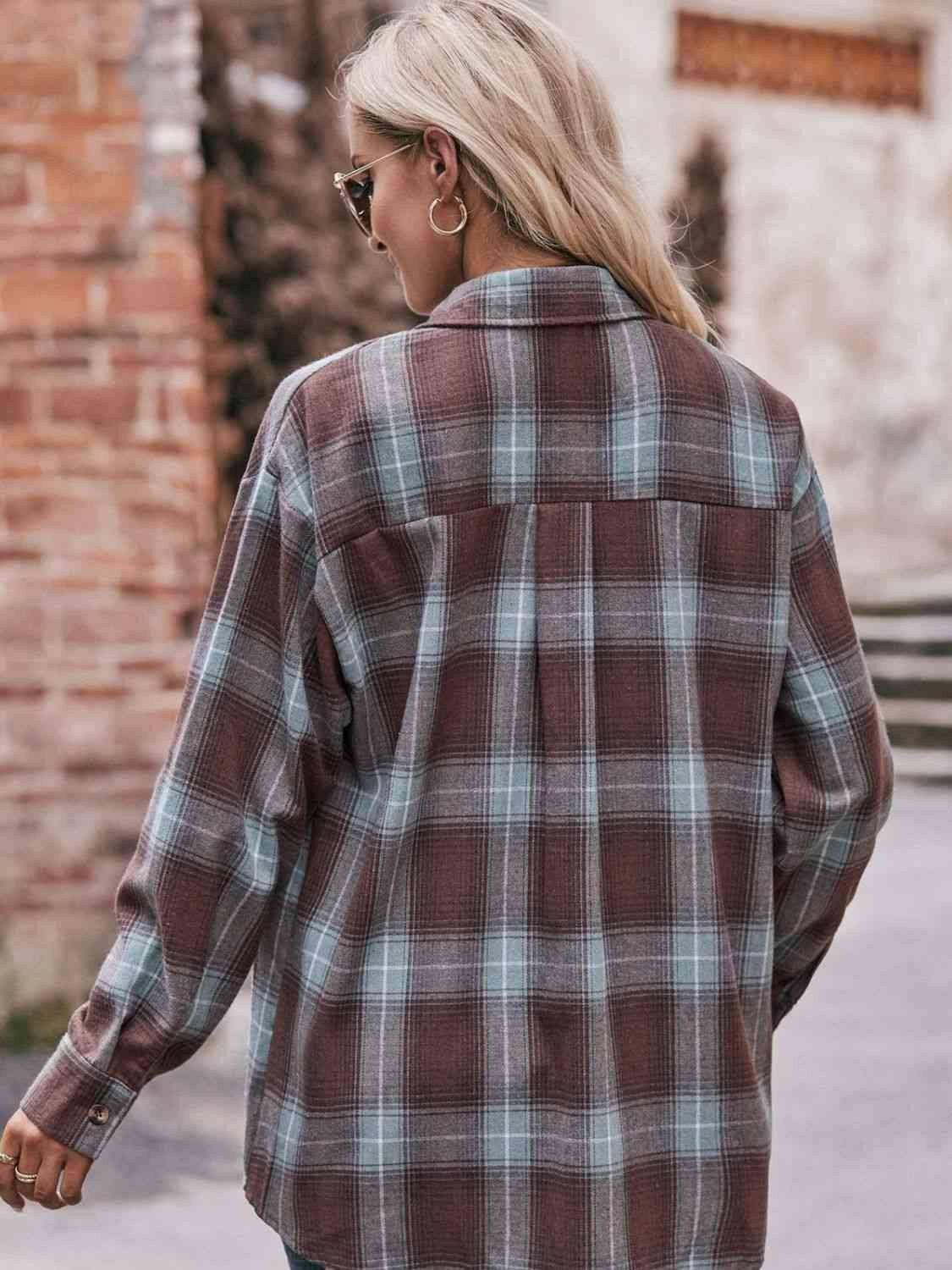 Plaid Dropped Shoulder Longline Shirt - Carri's Cache