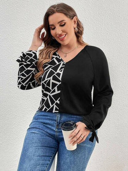 Plus Size Geometric V-Neck Long Sleeve T-Shirt - Carri's Cache