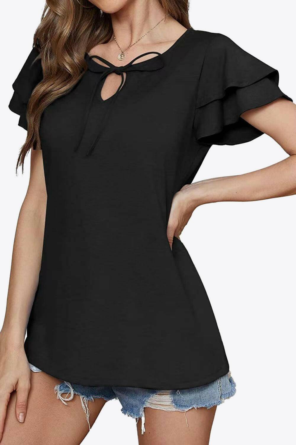 Tie-Neck Layered Flutter Sleeve Blouse.