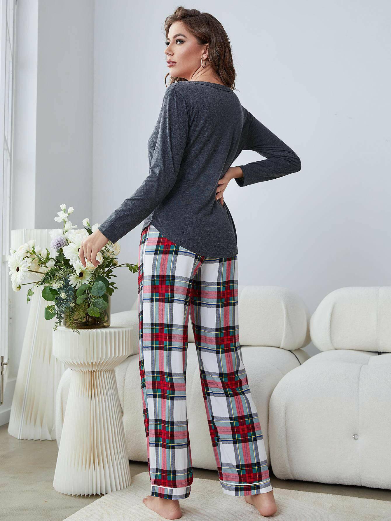 Buttoned Long Sleeve Top and Plaid Pants Lounge Set - Carri's Cache