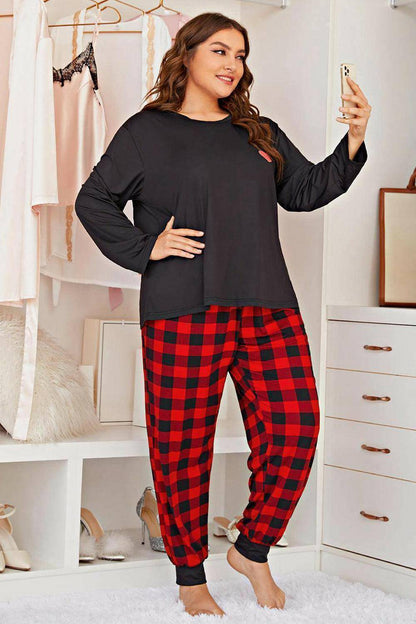 Plus Size Heart Graphic Top and Plaid Joggers Lounge Set - Carri's Cache