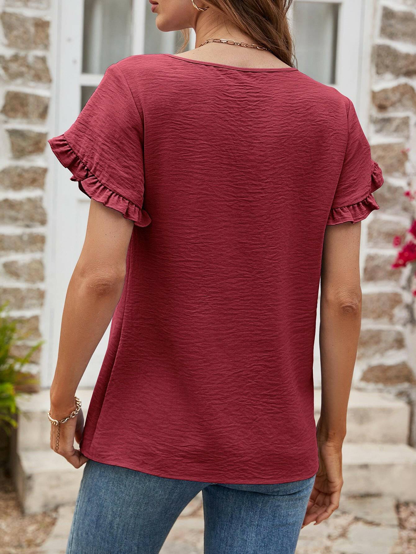 Textured Petal Sleeve Round Neck Tee.