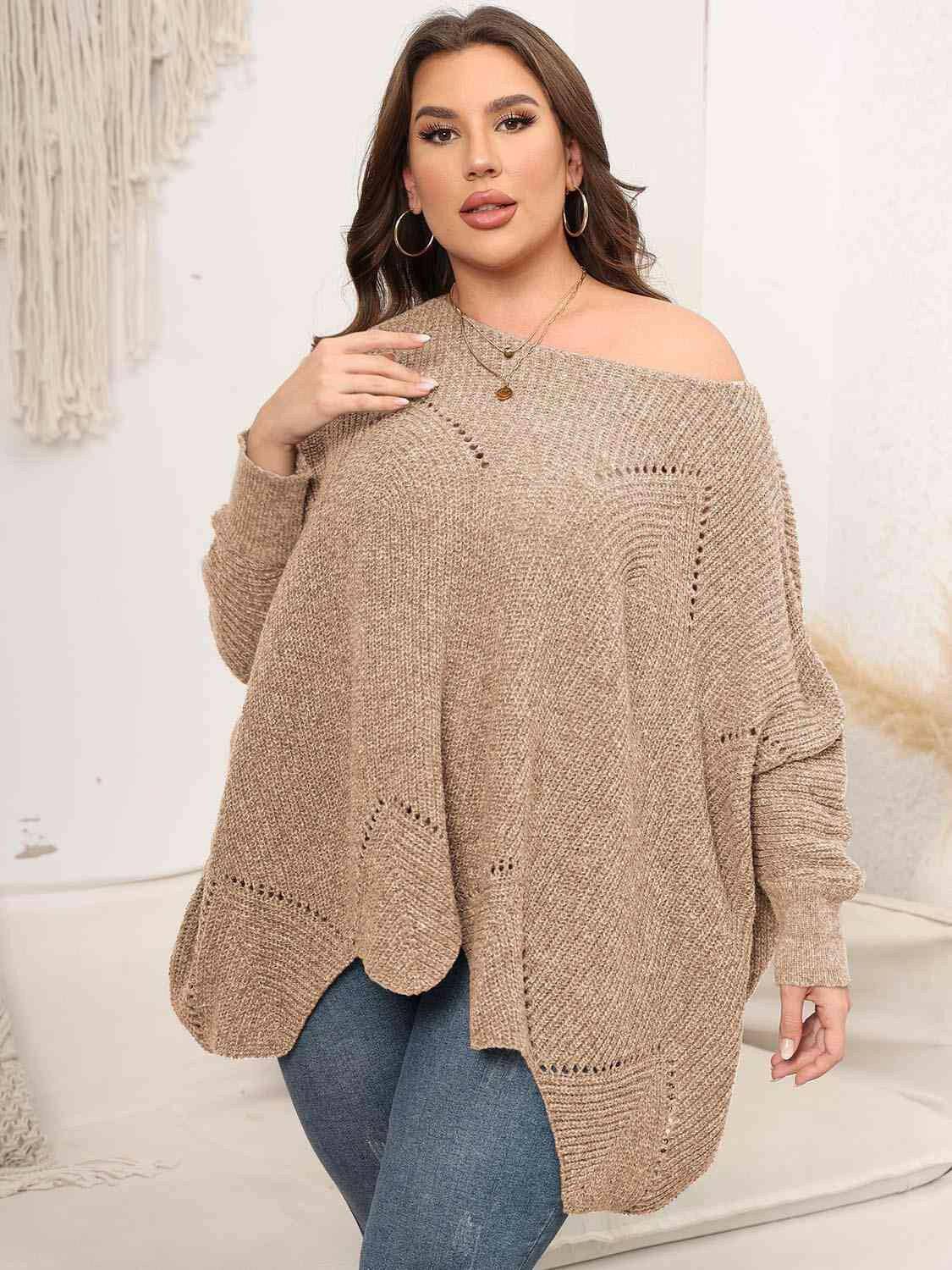 Plus Size Round Neck Batwing Sleeve Sweater - Carri's Cache