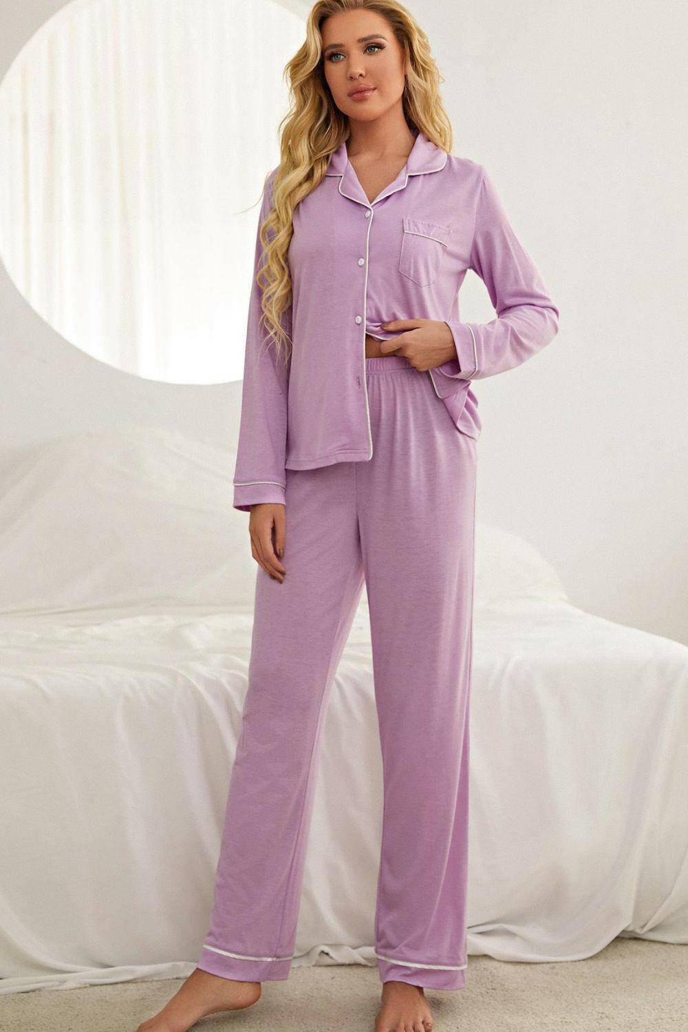 Contrast Piping Button Down Top and Pants Loungewear Set - Carri's Cache