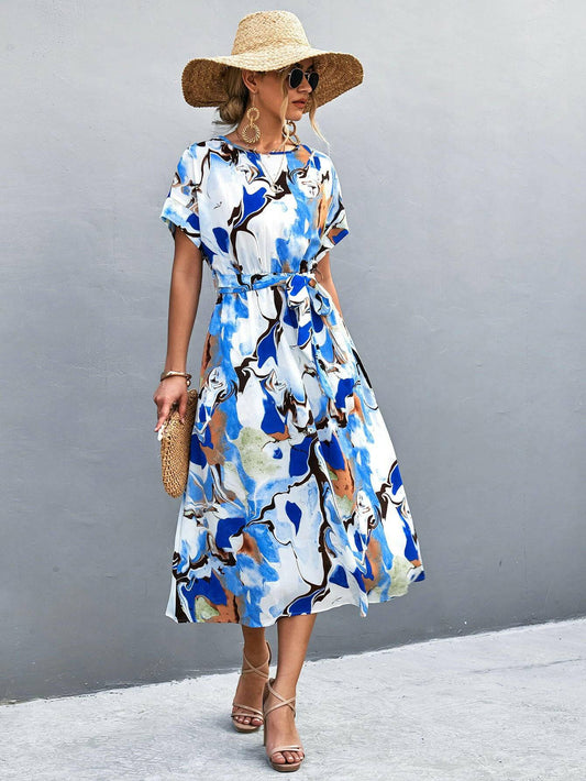 Round Neck Short Sleeve Tie Waist Midi Dress - Carri's Cache