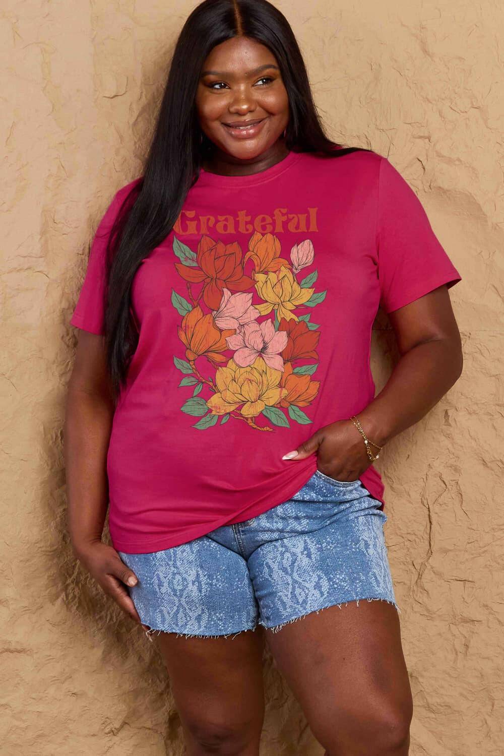 Simply Love Full Size GRATEFUL Flower Graphic Cotton T-Shirt - Carri's Cache