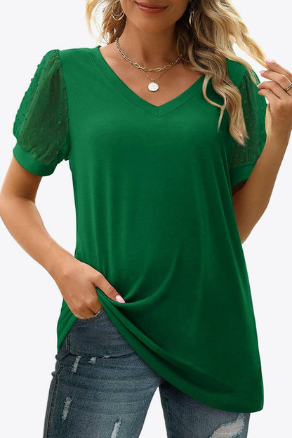 Swiss Dot Puff Sleeve V-Neck Tee - Carri's Cache