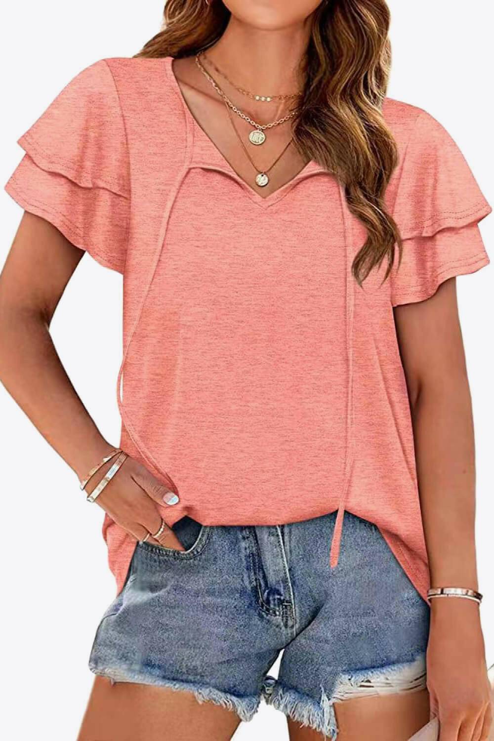 Tie-Neck Layered Flutter Sleeve Blouse.