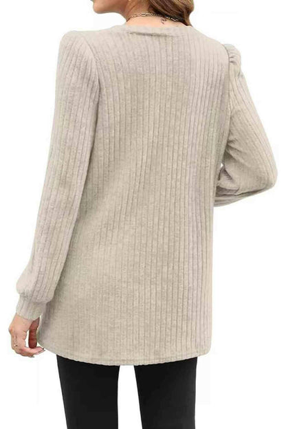 Ribbed Round Neck Long Sleeve T-Shirt - Carri's Cache