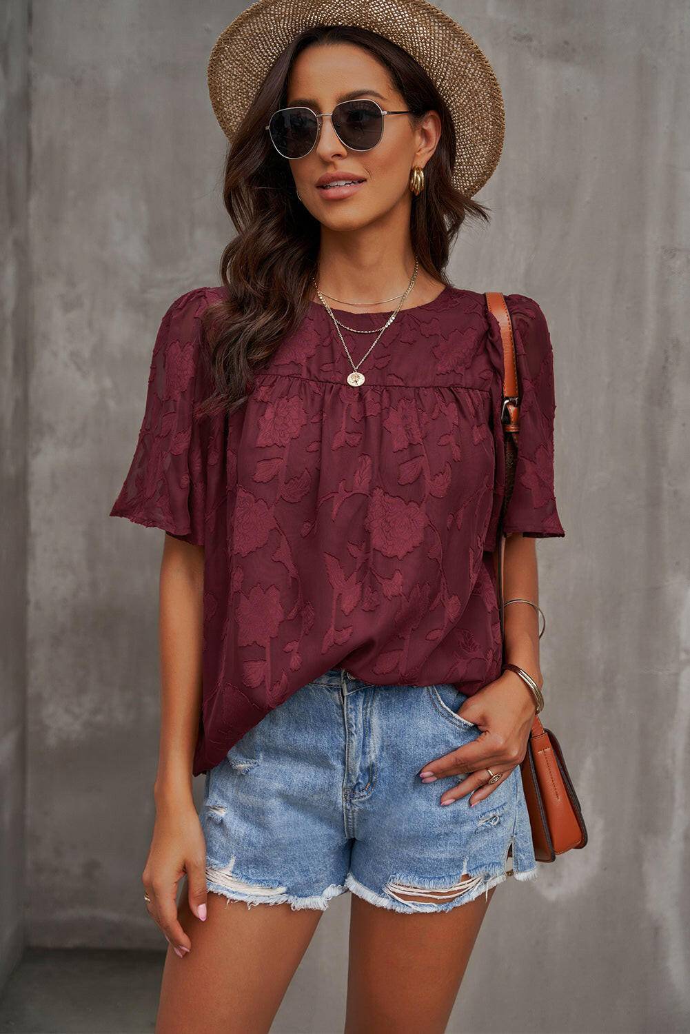 Round Neck Puff Sleeve Blouse - Carri's Cache