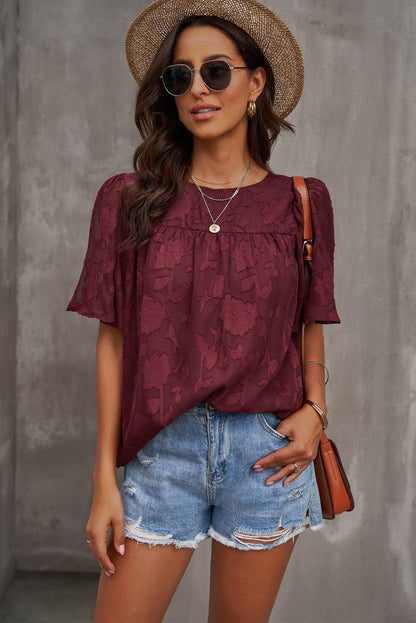 Round Neck Puff Sleeve Blouse - Carri's Cache