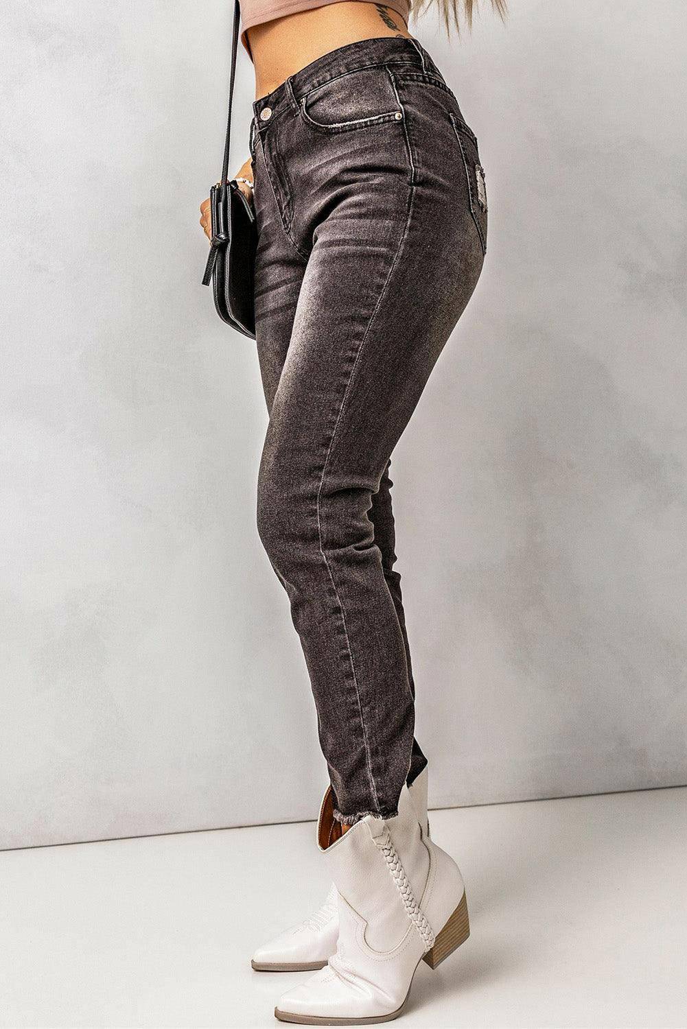 High Waist Raw Hem Skinny Jeans - Carri's Cache