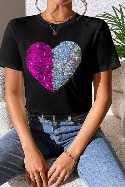 Heart Sequin Round Neck Short Sleeve T-Shirt - Carri's Cache