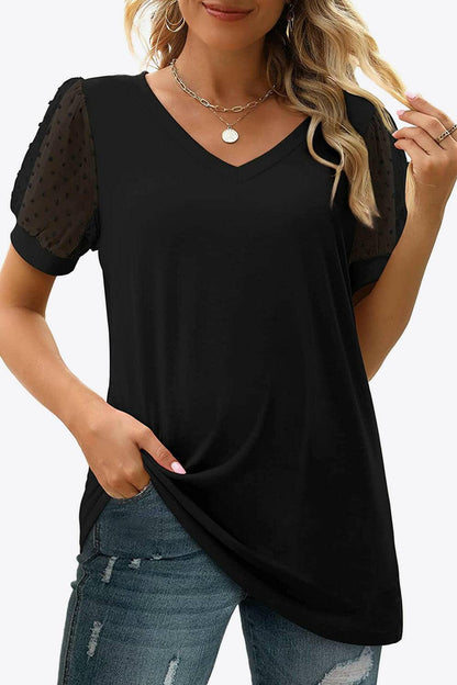 Swiss Dot Puff Sleeve V-Neck Tee - Carri's Cache