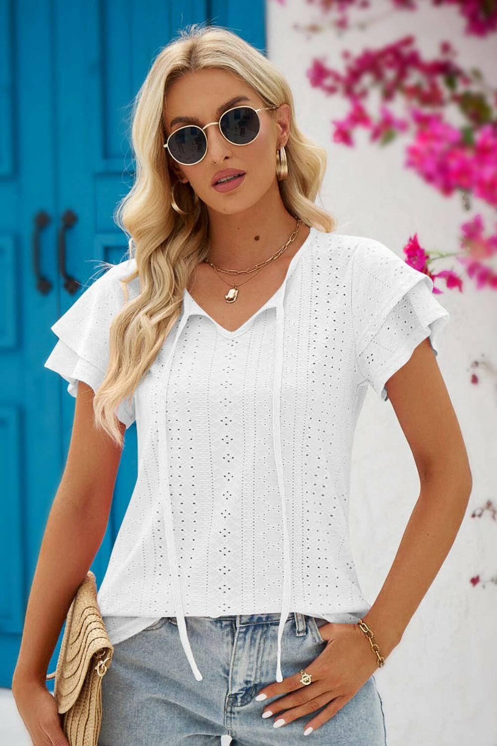 Eyelet Tie-Neck Flutter Sleeve Blouse.