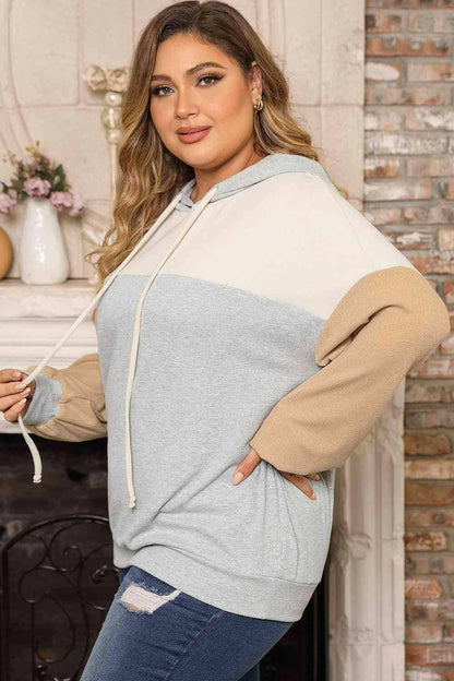 Plus Size Color Block Drawstring Long Sleeve Hoodie - Carri's Cache