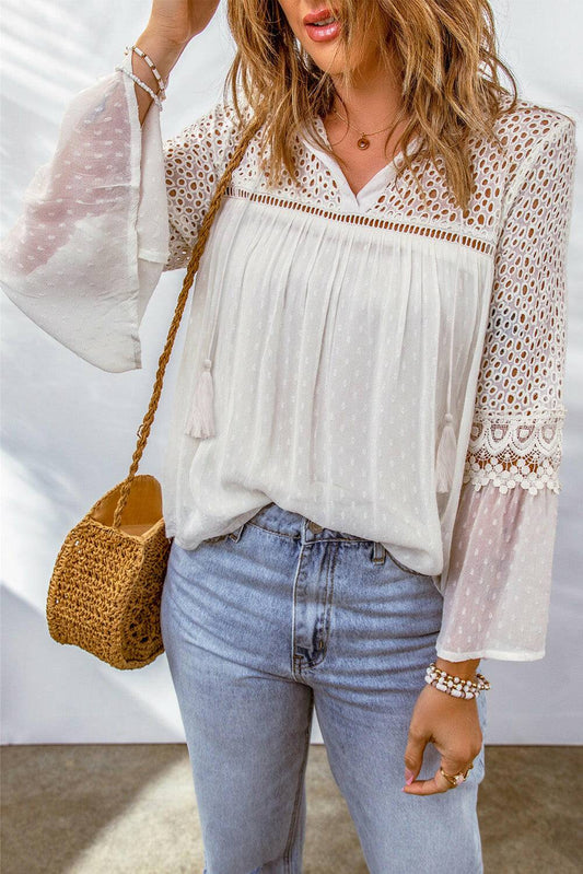 Eyelet Tassel Tie Flare Sleeve Blouse.