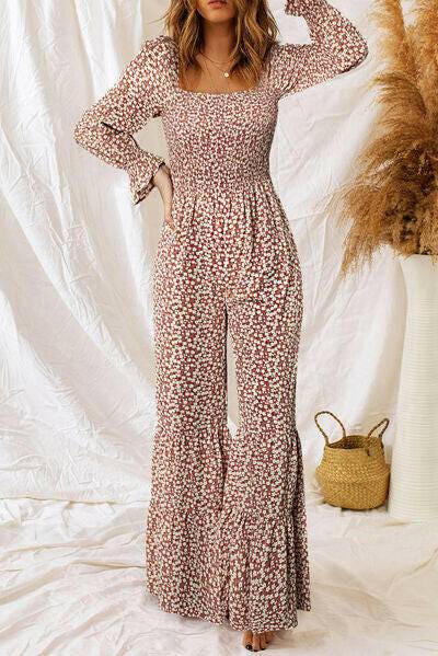 Floral Smocked Flounce Sleeve Square Neck Jumpsuit - Carri's Cache