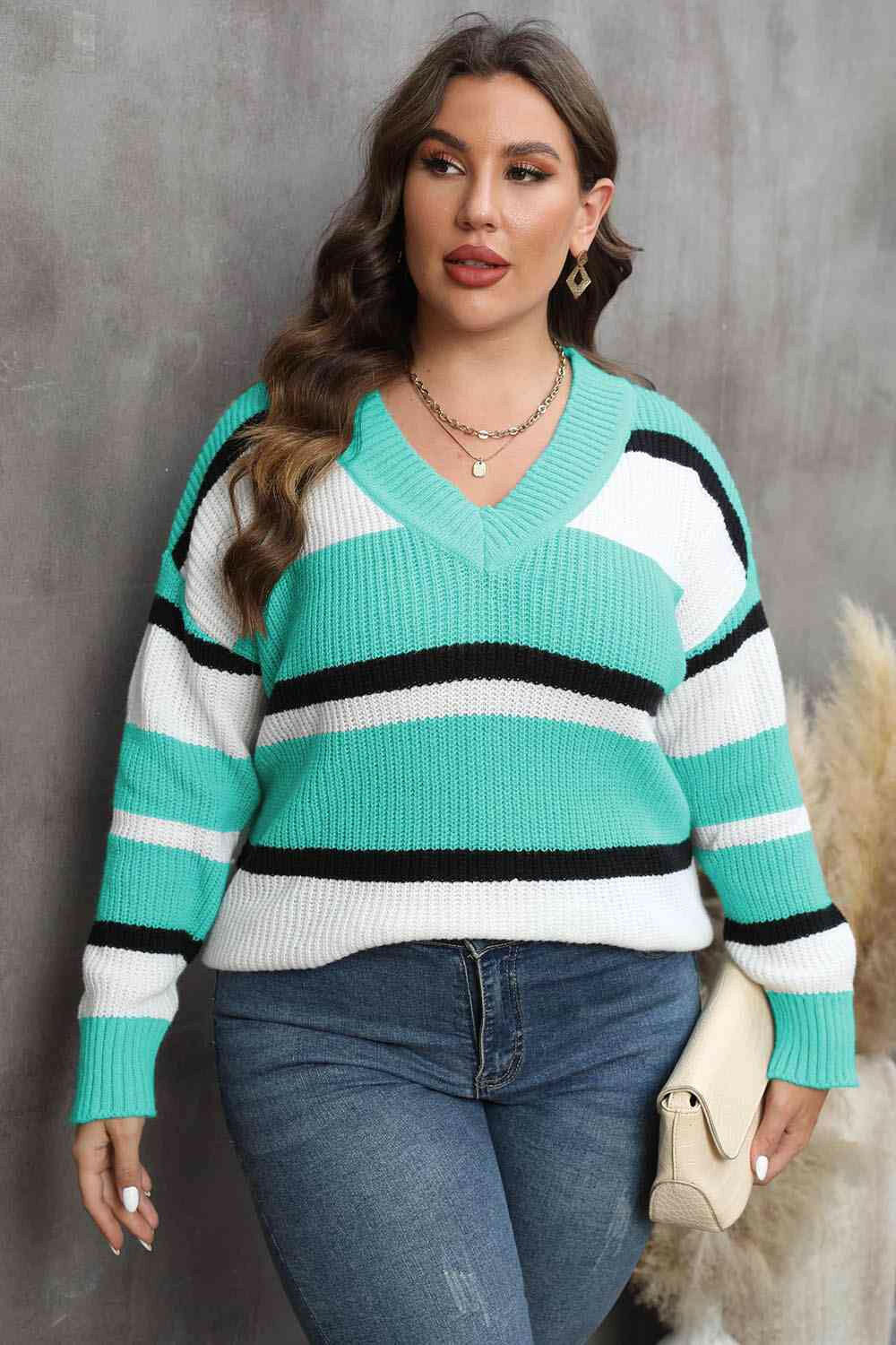 Plus Size Striped V-Neck Dropped Shoulder Sweater - Carri's Cache